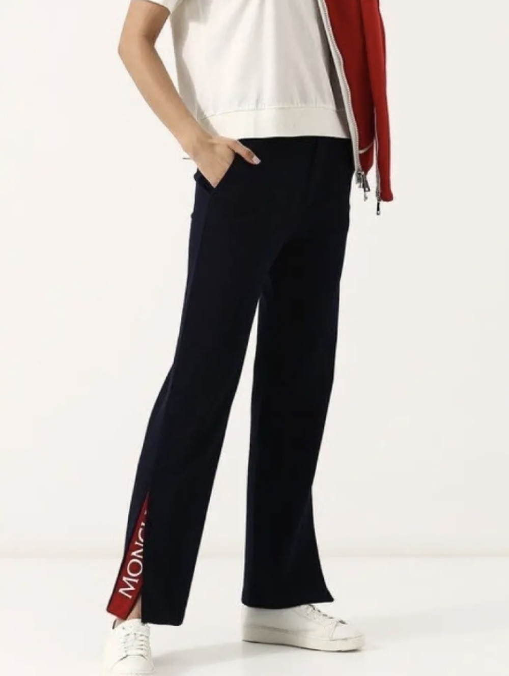 Moncler Navy Straight-Leg Cotton Pants with Red Side Panel